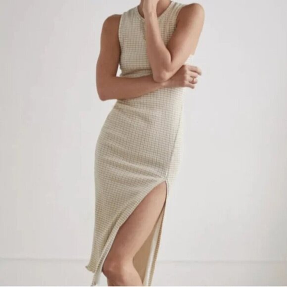 Aritzia Wilfred Verona Gingham Sleeveless Seersucker Midi Beige Size Large - Picture 10 of 10